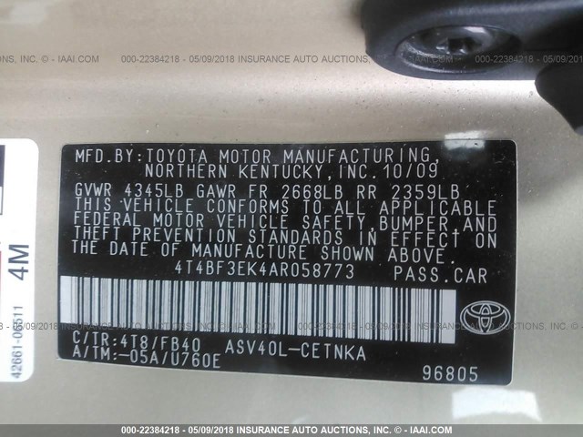 4T4BF3EK4AR058773 - 2010 TOYOTA CAMRY SE/LE/XLE GOLD photo 9