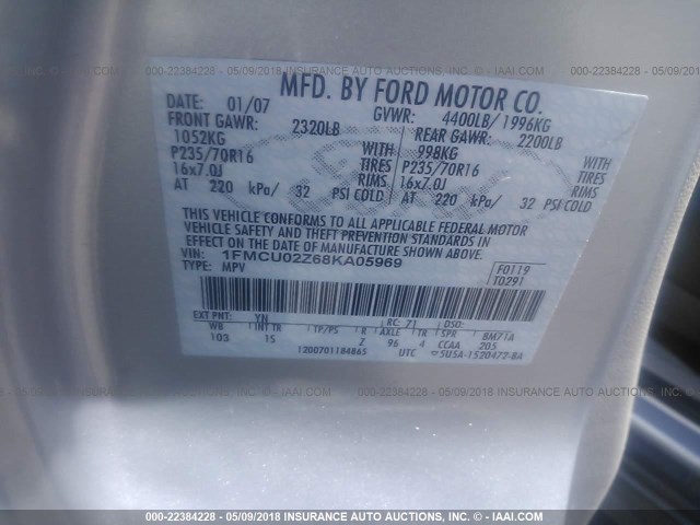 1FMCU02Z68KA05969 - 2008 FORD ESCAPE XLS SILVER photo 9