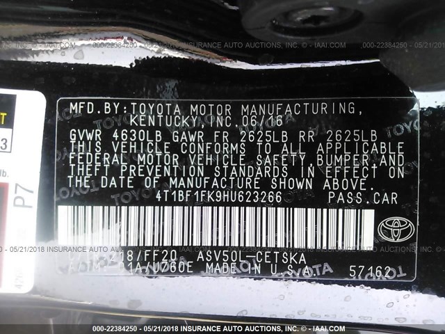 4T1BF1FK9HU623266 - 2017 TOYOTA CAMRY LE/XLE/SE/XSE BLACK photo 9