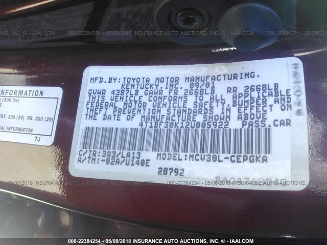 4T1BF30K12U005922 - 2002 TOYOTA CAMRY LE/XLE/SE 勃艮第红 照片 9