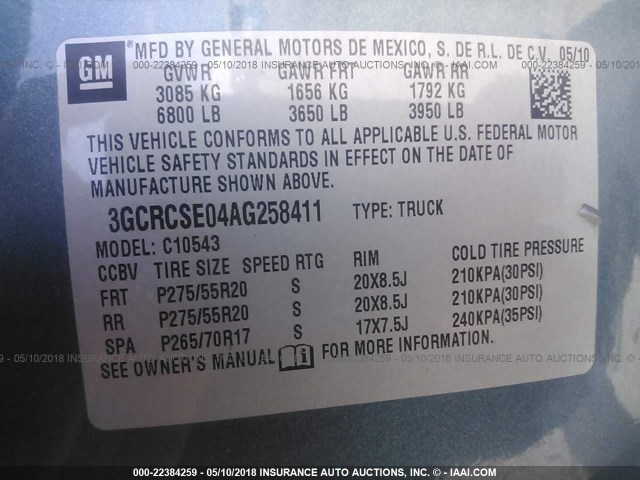 3GCRCSE04AG258411 - 2010 CHEVROLET SILVERADO C1500 LT BLUE photo 9