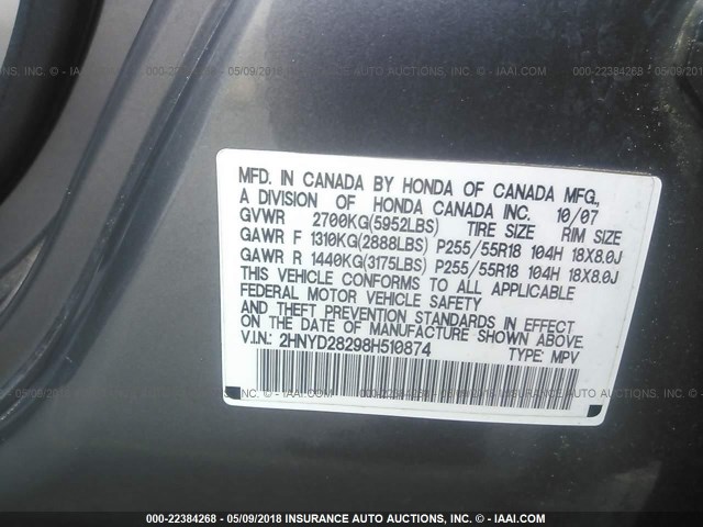 2HNYD28298H510874 - 2008 ACURA MDX GRAY photo 9