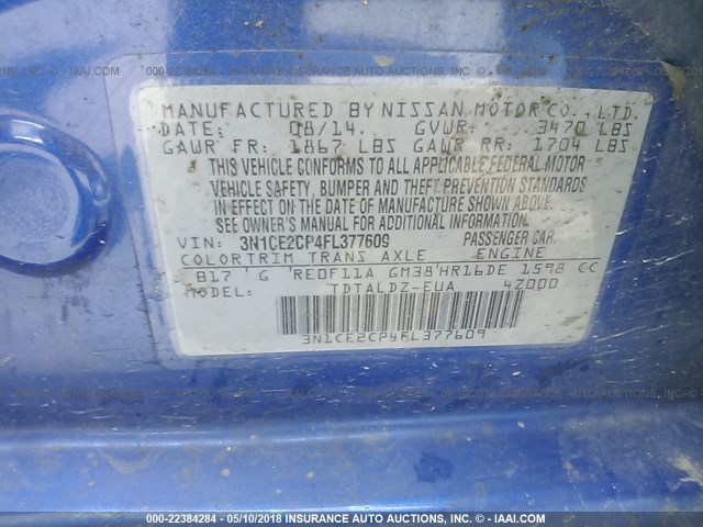 3N1CE2CP4FL377609 - 2015 NISSAN VERSA NOTE S/S PLUS/SV/SL/SR BLUE photo 9