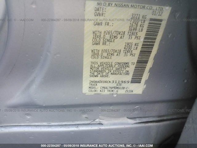 1N6BA0ED6CN311969 - 2012 NISSAN TITAN S/SV/SL/PRO-4X SILVER photo 9