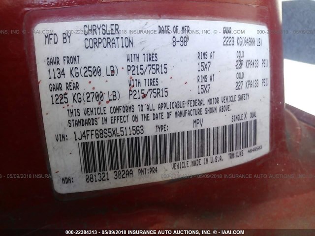 1J4FF68S5XL511563 - 1999 JEEP CHEROKEE SPORT/CLASSIC წითელი ფოტო 9