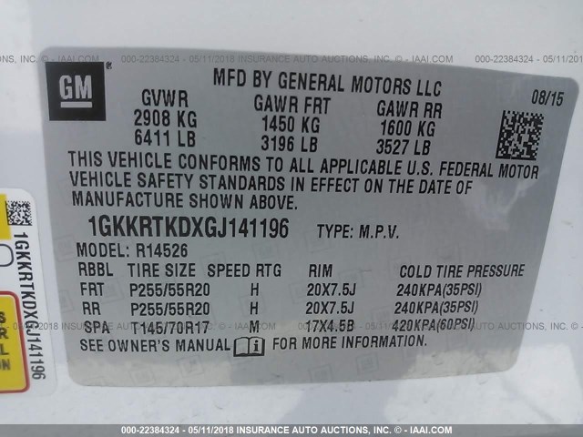 1GKKRTKDXGJ141196 - 2016 GMC ACADIA DENALI WHITE photo 9