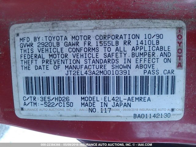 JT2EL43A2M0010391 - 1991 TOYOTA TERCEL DELUXE RED photo 9