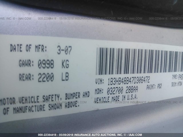 1B3HB48B47D306472 - 2007 DODGE CALIBER SXT SILVER photo 9