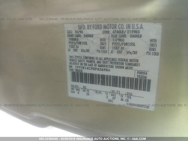 1FTYR14C9XPA36984 - 1999 FORD RANGER SUPER CAB GOLD photo 9