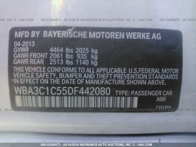 WBA3C1C55DF442080 - 2013 BMW 328 I SULEV WHITE photo 9