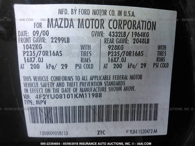 4F2YU08101KM11988 - 2001 MAZDA TRIBUTE LX/ES 黑色 照片 9