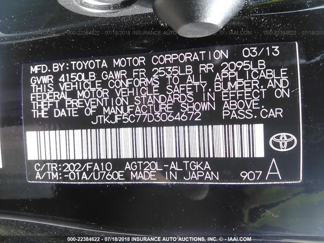 JTKJF5C77D3064672 - 2013 TOYOTA SCION TC 黑色 照片 9