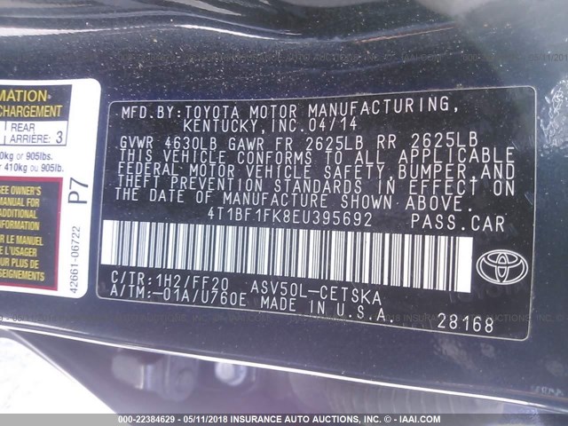 4T1BF1FK8EU395692 - 2014 TOYOTA CAMRY L/SE/LE/XLE 深蓝色 照片 9