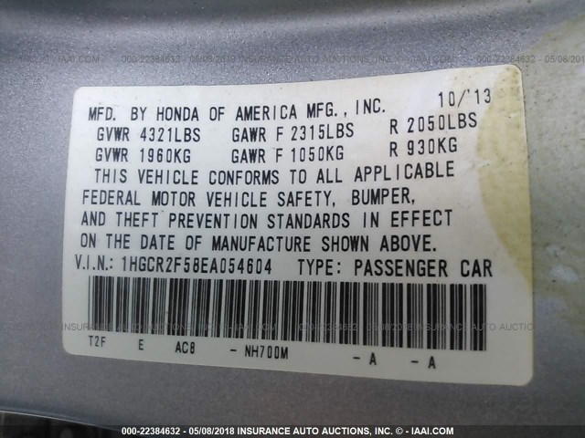 1HGCR2F58EA054604 - 2014 HONDA ACCORD SPORT 银色 照片 9