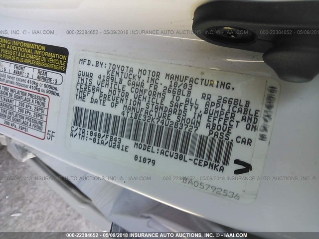 4T1BE32K74U283727 - 2004 TOYOTA CAMRY LE/XLE/SE WHITE photo 9