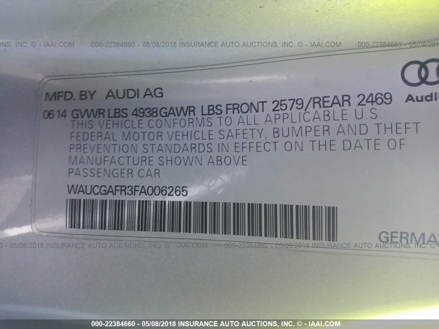 WAUCGAFR3FA006265 - 2015 AUDI S5 PREMIUM PLUS 银色 照片 9