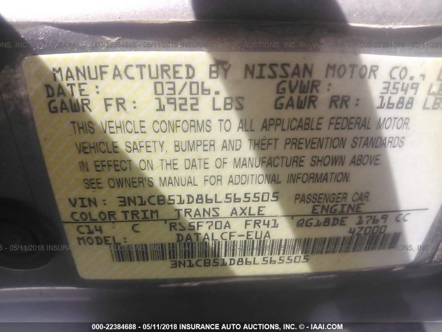 3N1CB51D86L565505 - 2006 NISSAN SENTRA 1.8/1.8S TAN photo 9