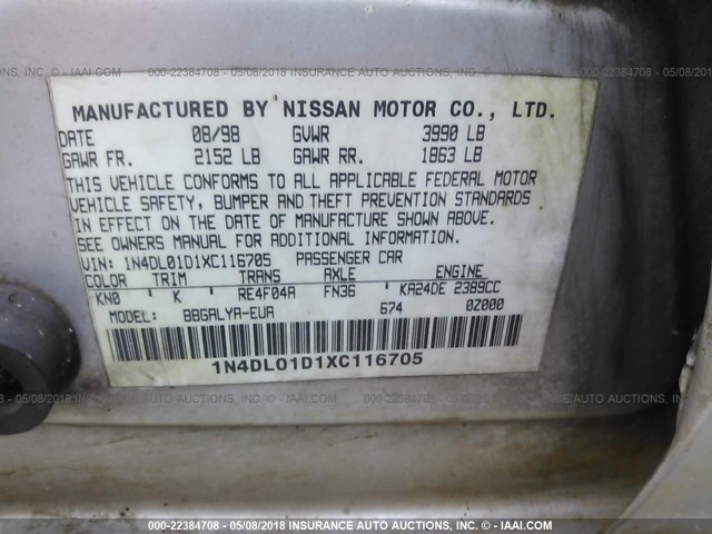 1N4DL01D1XC116705 - 1999 NISSAN ALTIMA XE/GXE/SE/GLE SILVER photo 9