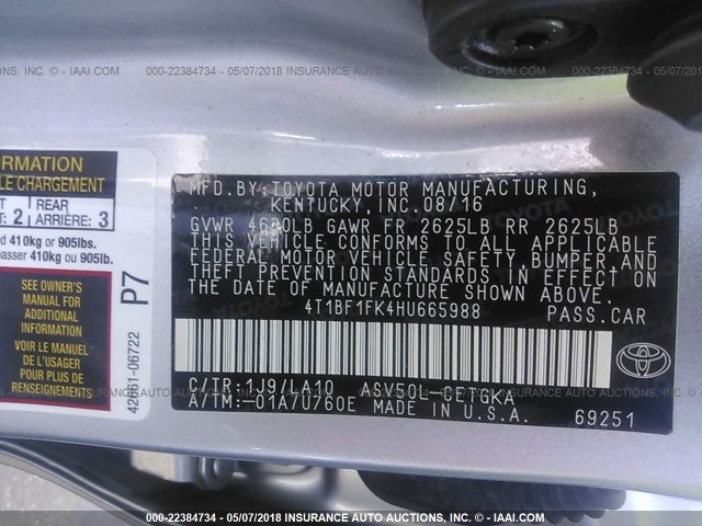 4T1BF1FK4HU665988 - 2017 TOYOTA CAMRY LE/XLE/SE/XSE SILVER photo 9