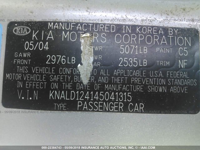 KNALD124145041315 - 2004 KIA AMANTI SILVER photo 9