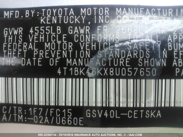 4T1BK46KX8U057650 - 2008 TOYOTA CAMRY LE/XLE/SE SILVER photo 9