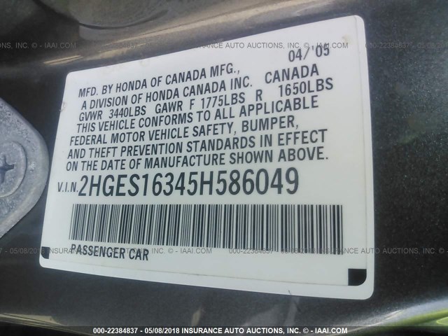 2HGES16345H586049 - 2005 HONDA CIVIC DX VP Boz foto 9