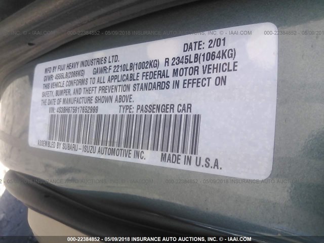 4S3BH675917652999 - 2001 SUBARU LEGACY OUTBACK AWP 青色 照片 9