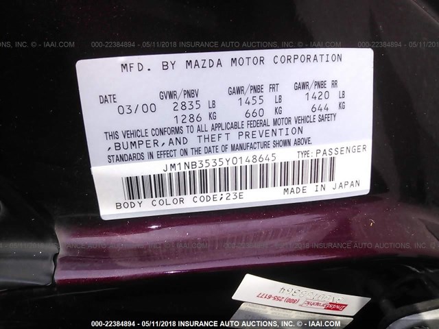 JM1NB3535Y0148645 - 2000 MAZDA MX-5 MIATA LS MAROON photo 9