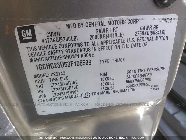 1GCHC23U53F156539 - 2003 CHEVROLET SILVERADO C2500 HEAVY DUTY GRAY photo 9
