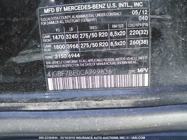 4JGBF7BE0CA799636 - 2012 MERCEDES-BENZ GL 450 4MATIC BLACK photo 9