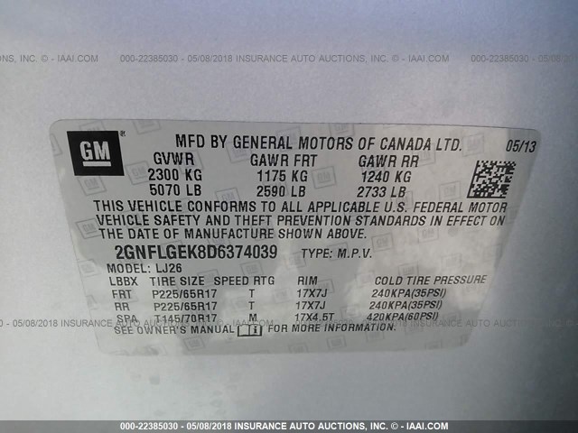 2GNFLGEK8D6374039 - 2013 CHEVROLET EQUINOX LTZ SILVER photo 9