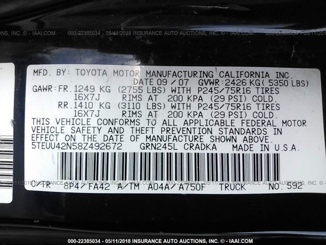 5TEUU42N58Z492672 - 2008 TOYOTA TACOMA ACCESS CAB Көк фото 9