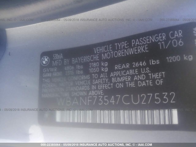 WBANF73547CU27532 - 2007 BMW 530 XI Сұр фото 9