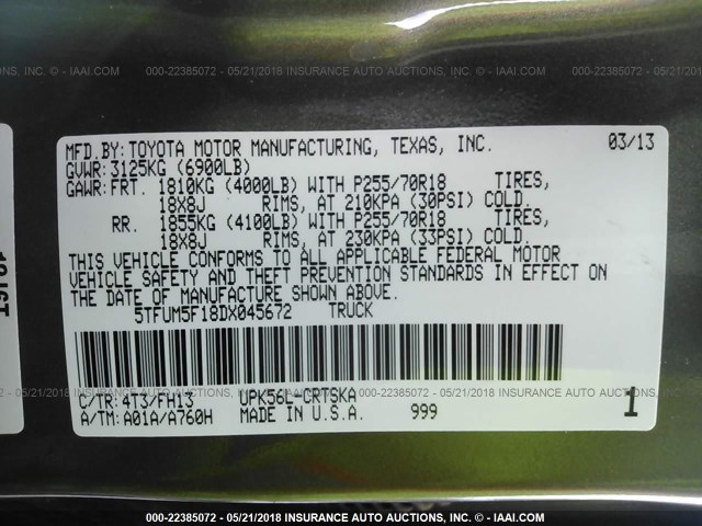 5TFUM5F18DX045672 - 2013 TOYOTA TUNDRA DOUBLE CAB SR5 BEIGE photo 9