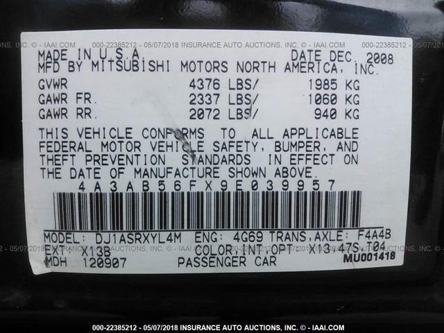 4A3AB56FX9E039957 - 2009 MITSUBISHI GALANT ES BLACK photo 9