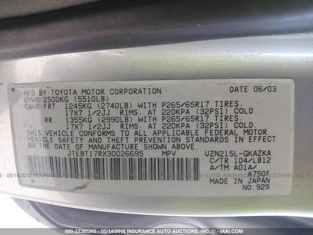 JTEBT17RX30026695 - 2003 TOYOTA 4RUNNER LIMITED SILVER photo 9