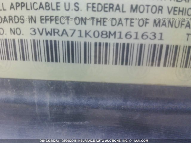 3VWRA71K08M161631 - 2008 VOLKSWAGEN JETTA WOLFSBURG 灰色 照片 9