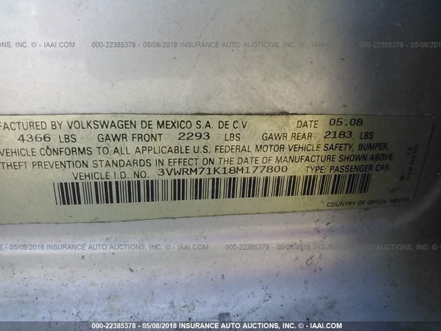 3VWRM71K18M177800 - 2008 VOLKSWAGEN JETTA SE/SEL SILVER photo 9