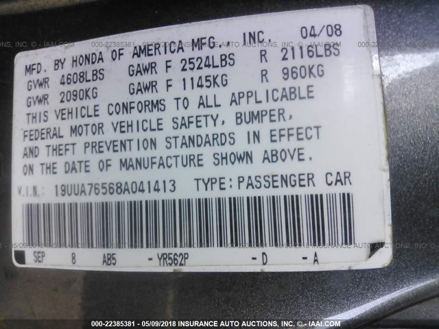 19UUA76568A041413 - 2008 ACURA TL TYPE S GRAY photo 9