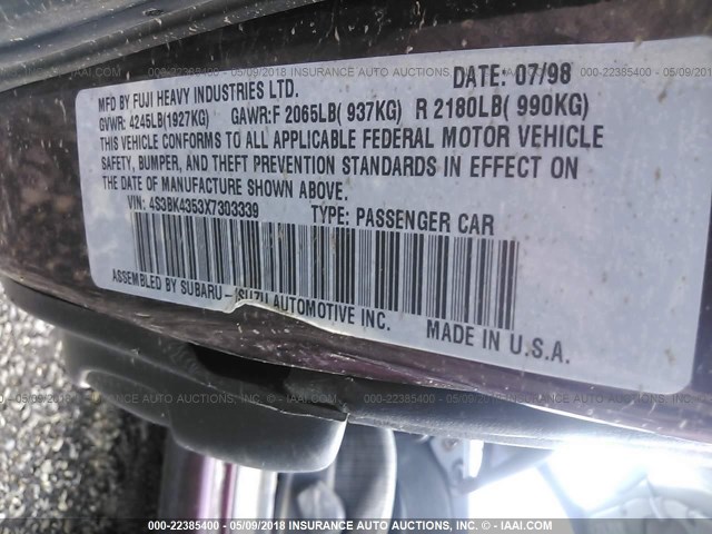 4S3BK4353X7303339 - 1999 SUBARU LEGACY L/30TH ANNIVERSARY L MAROON photo 9