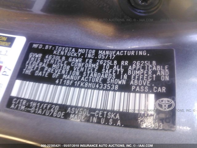 4T1BF1FK8HU433538 - 2017 TOYOTA CAMRY LE/XLE/SE/XSE GRAY photo 9