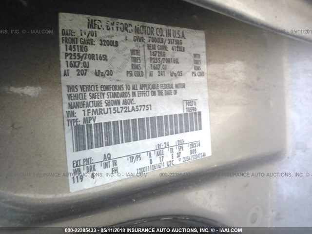 1FMRU15L72LA57751 - 2002 FORD EXPEDITION XLT ოქროსფერი ფოტო 9