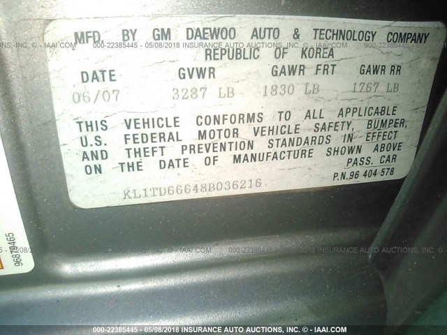 KL1TD66648B036216 - 2008 CHEVROLET AVEO LS GRAY photo 9