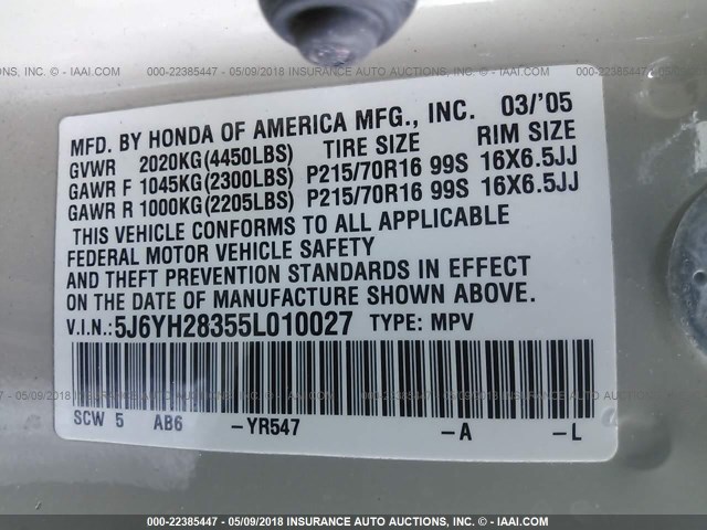 5J6YH28355L010027 - 2005 HONDA ELEMENT LX GREEN photo 9