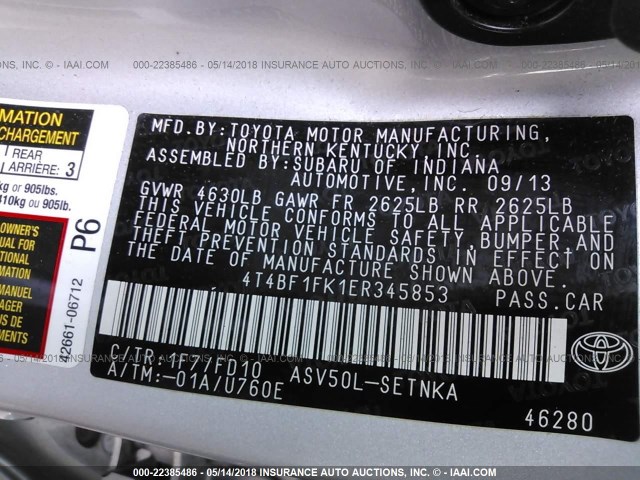 4T4BF1FK1ER345853 - 2014 TOYOTA CAMRY L/SE/LE/XLE ვერცხლისფერი ფოტო 9