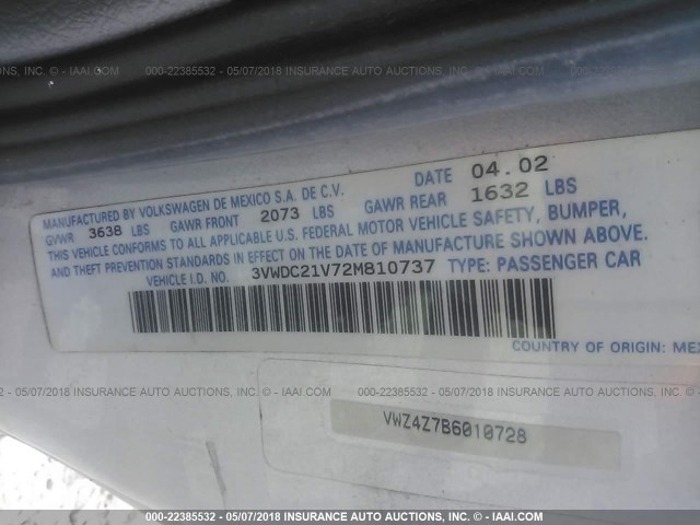 3VWDC21V72M810737 - 2002 VOLKSWAGEN CABRIO GLX 银色 照片 9