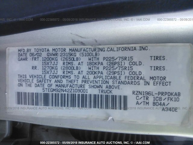 5TEGM92N42Z109001 - 2002 TOYOTA TACOMA DOUBLE CAB PRERUNNER GRAY photo 9