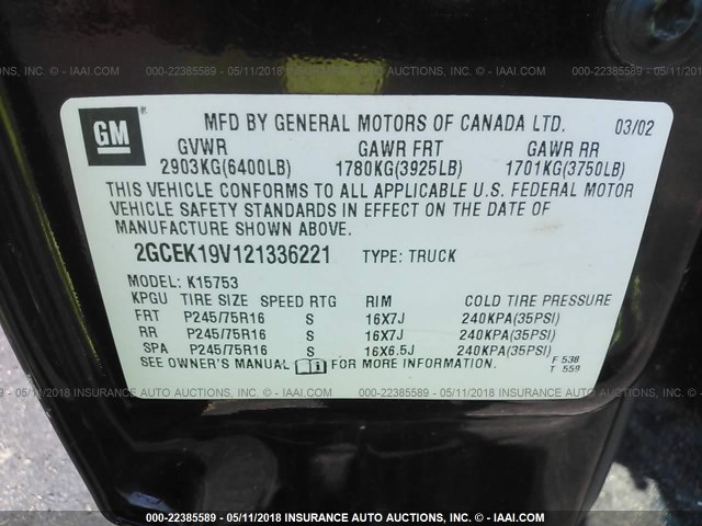 2GCEK19V121336221 - 2002 CHEVROLET SILVERADO K1500 MAROON photo 9