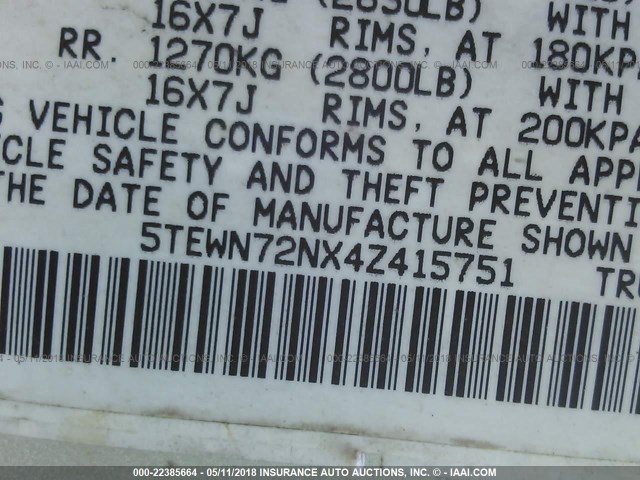 5TEWN72NX4Z415751 - 2004 TOYOTA TACOMA XTRACAB SILVER photo 9