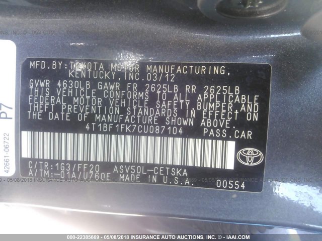 4T1BF1FK7CU087104 - 2012 TOYOTA CAMRY SE/LE/XLE GRAY photo 9